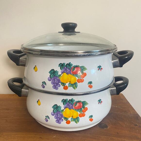 Vintage Kitsch Enamel Double Stacked Steamer Pot w/ Lid - Picture 1 of 9